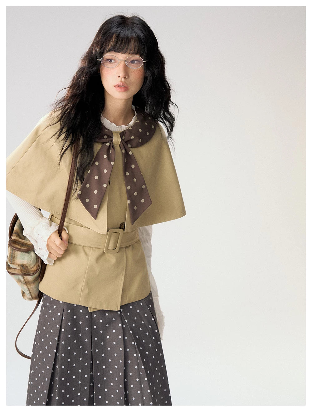 [CAN] "Afternoon Tea Break" Khaki Bow Cape Trench Coat Set