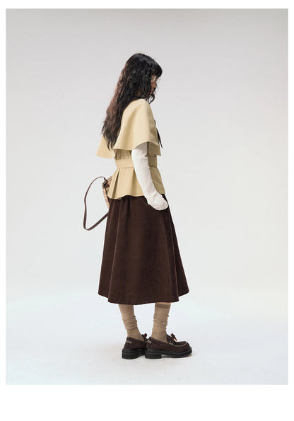[CAN] "Afternoon Tea Break" Khaki Bow Cape Trench Coat Set