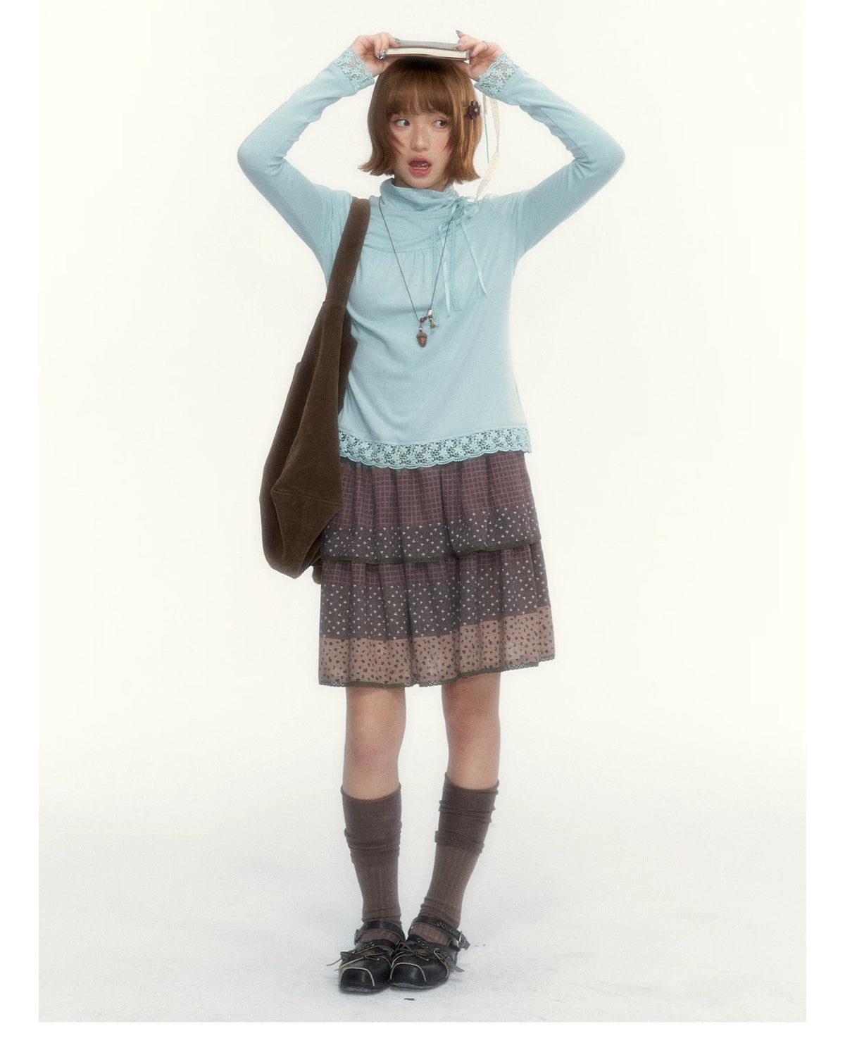 “Caramel Patchwork” Brown Patchwork Floral Plaid Lace A-Line Tiered Skirt