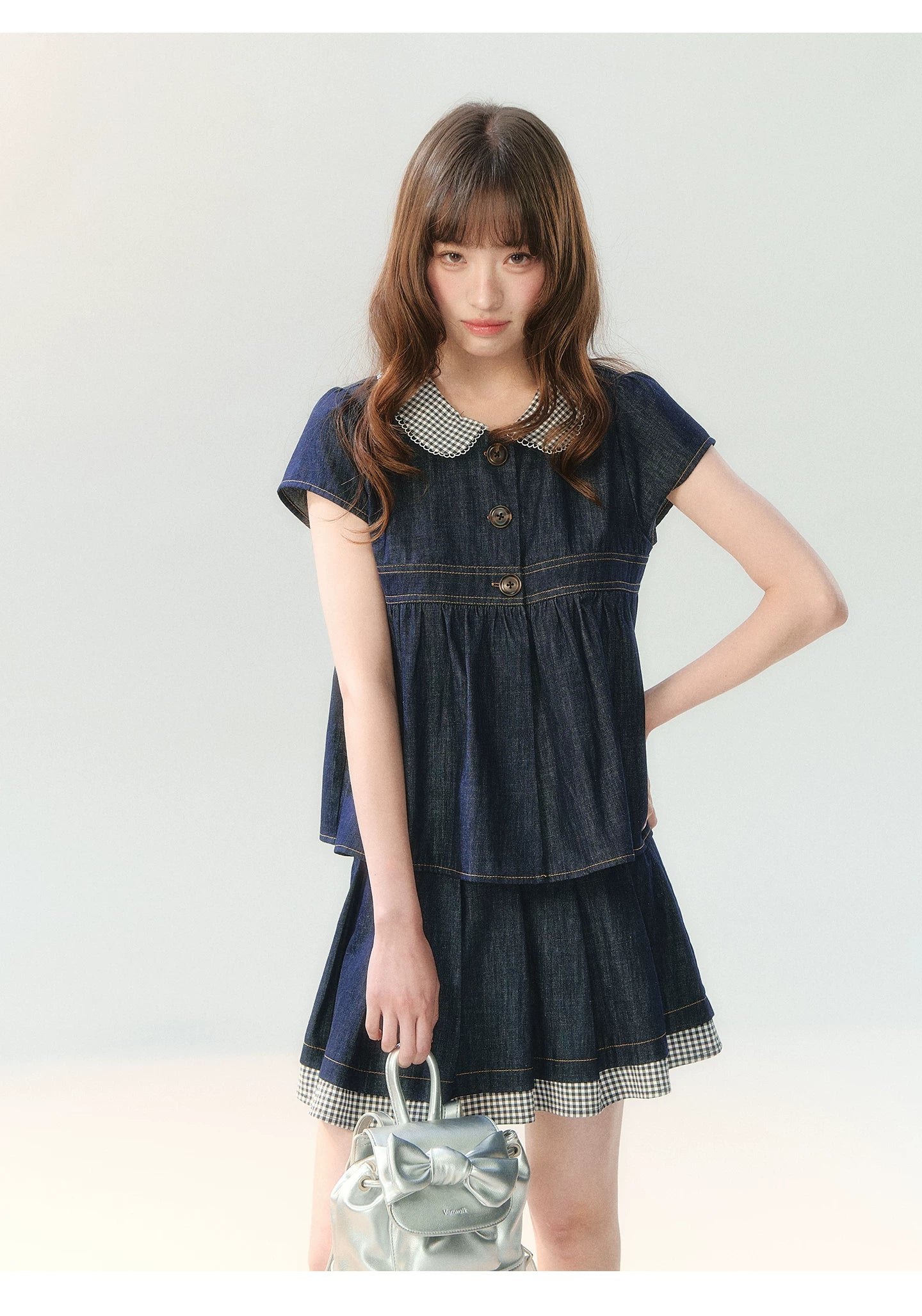 "Denim Check Prelude" Indigo Denim Three-Piece Set
