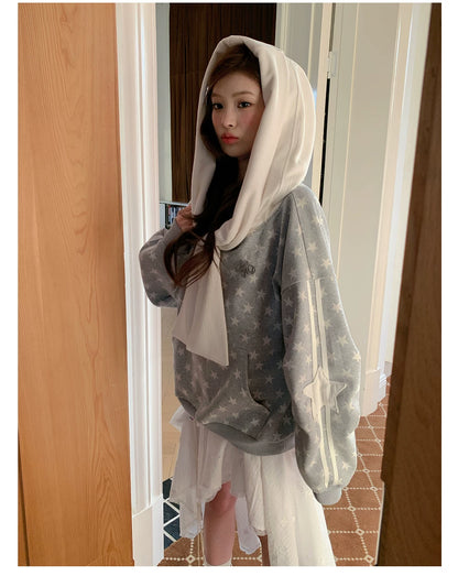 “Starlit Ribbon Reverie” Grey Off-Shoulder Hoodie