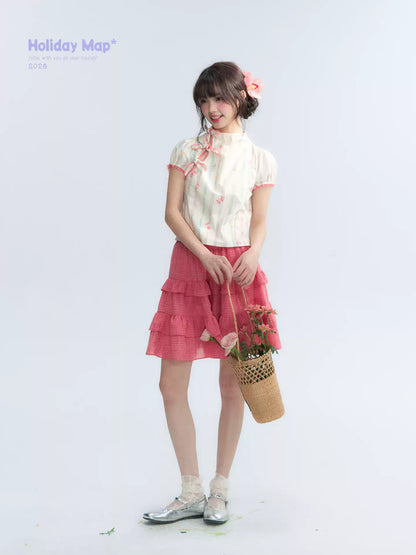 "Peach Blossom" Beige Floral Print Mandarin Collar Blouse