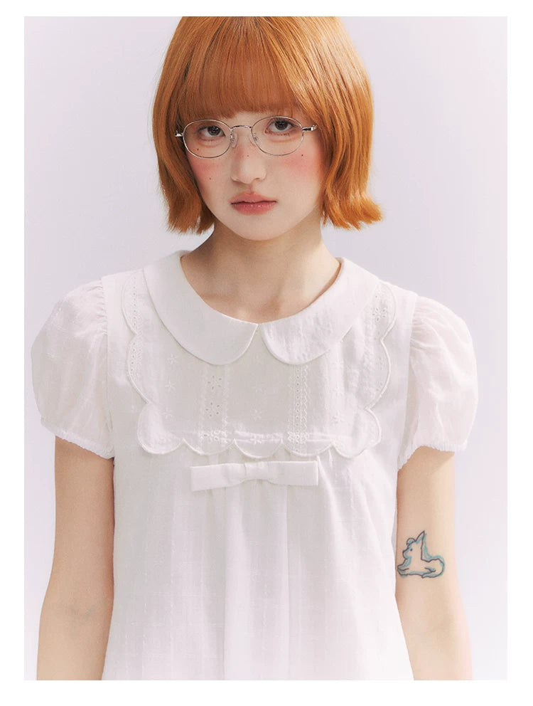 “Lace Sleep Song” White Embroidered Puff Sleeve Babydoll Dress