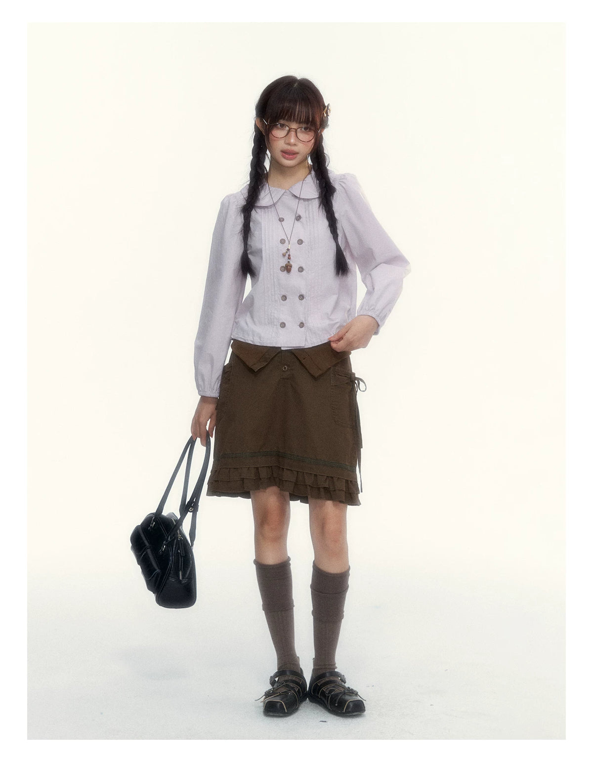 “Wild Caramel” Brown Washed Layered Ruffle Bow Pocket A-Line Skirt