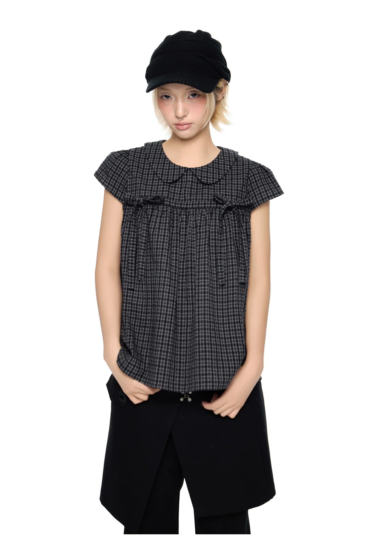 EZEK | Peter Pan Collar Gingham Shirt with Bubble Sleeves