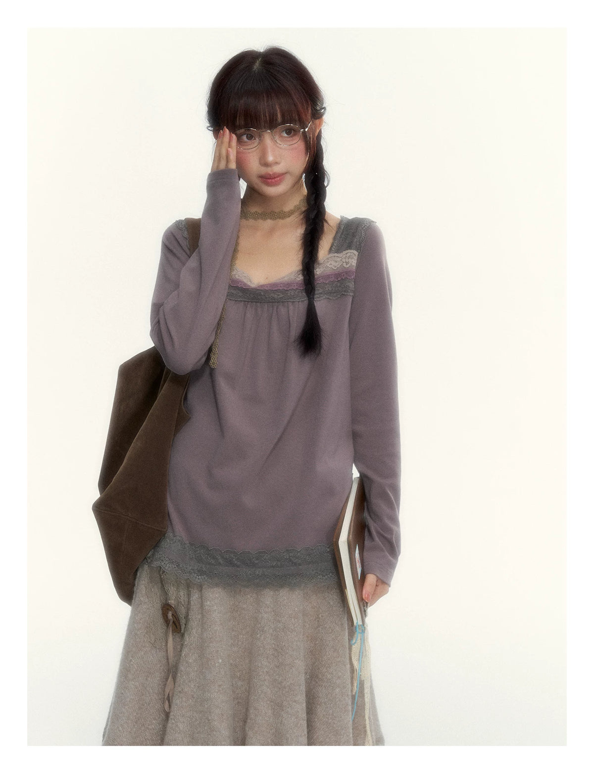 Gray Purple Lace-Trimmed Square-Neck Long-Sleeve T-Shirt