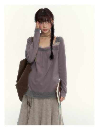 Gray Purple Lace-Trimmed Square-Neck Long-Sleeve T-Shirt
