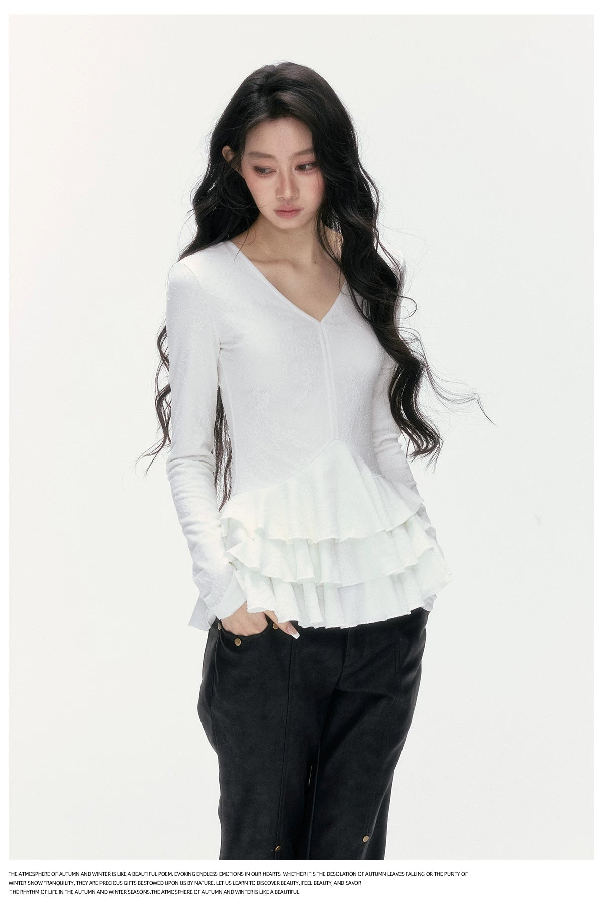 24olvides - V-Neck Lace Top with Tiered Hem (White / Khaki)