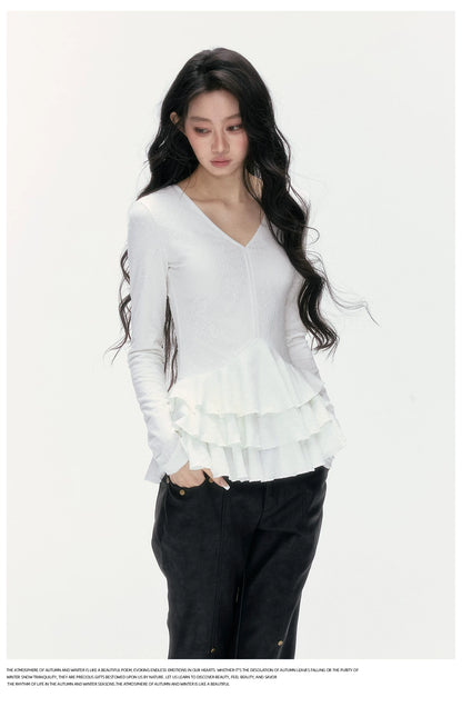 24olvides - V-Neck Lace Top with Tiered Hem (White / Khaki)