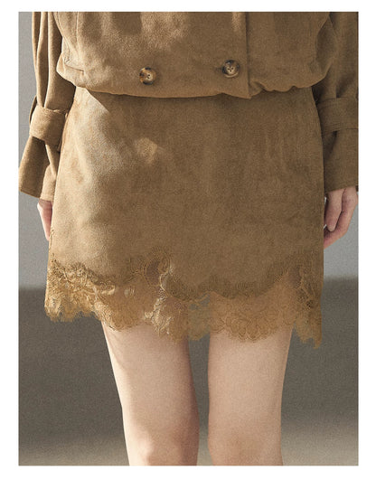 AOMALM - Sandstone Brown Faux-Suede Jacket & Lace-Trim Mini Skirt Set