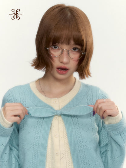 Korean Contrast Bow-Tie Layered Knit Cardigan (Blue / Purple)