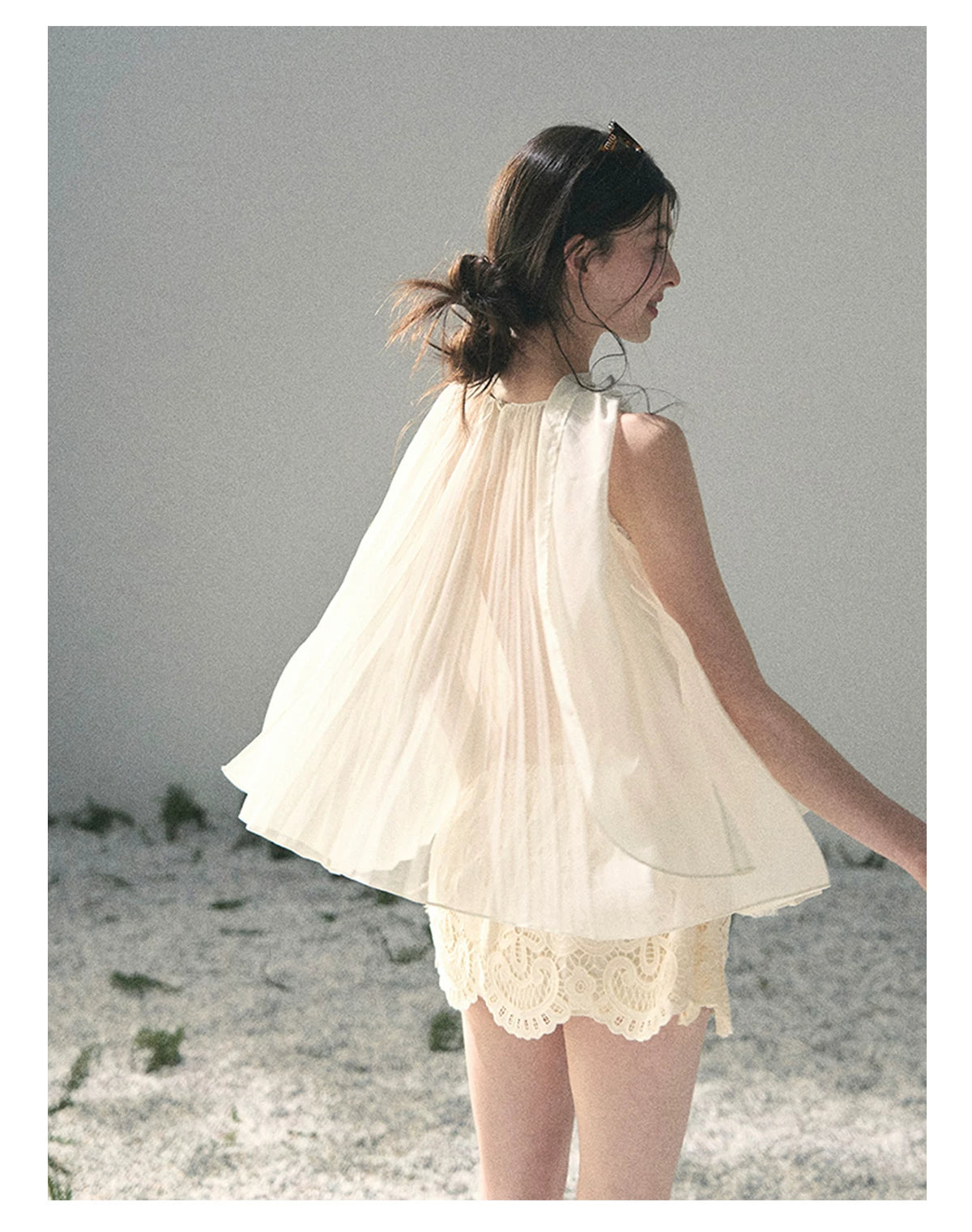 “Summer Light Through Pleats” Ivory Lace Pleated Halter Blouse