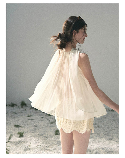 “Summer Light Through Pleats” Ivory Lace Pleated Halter Blouse