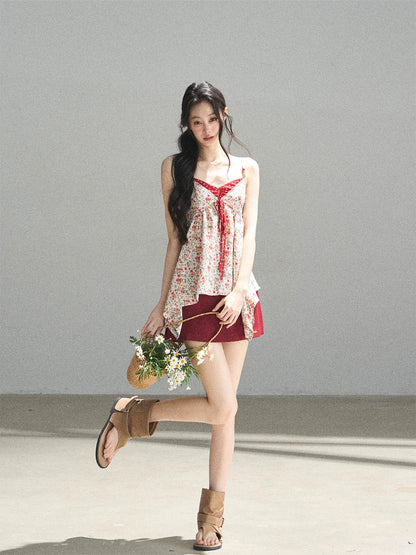 "Berry Petals" Dutch Cream Layered Floral Asymmetrical Peplum Top