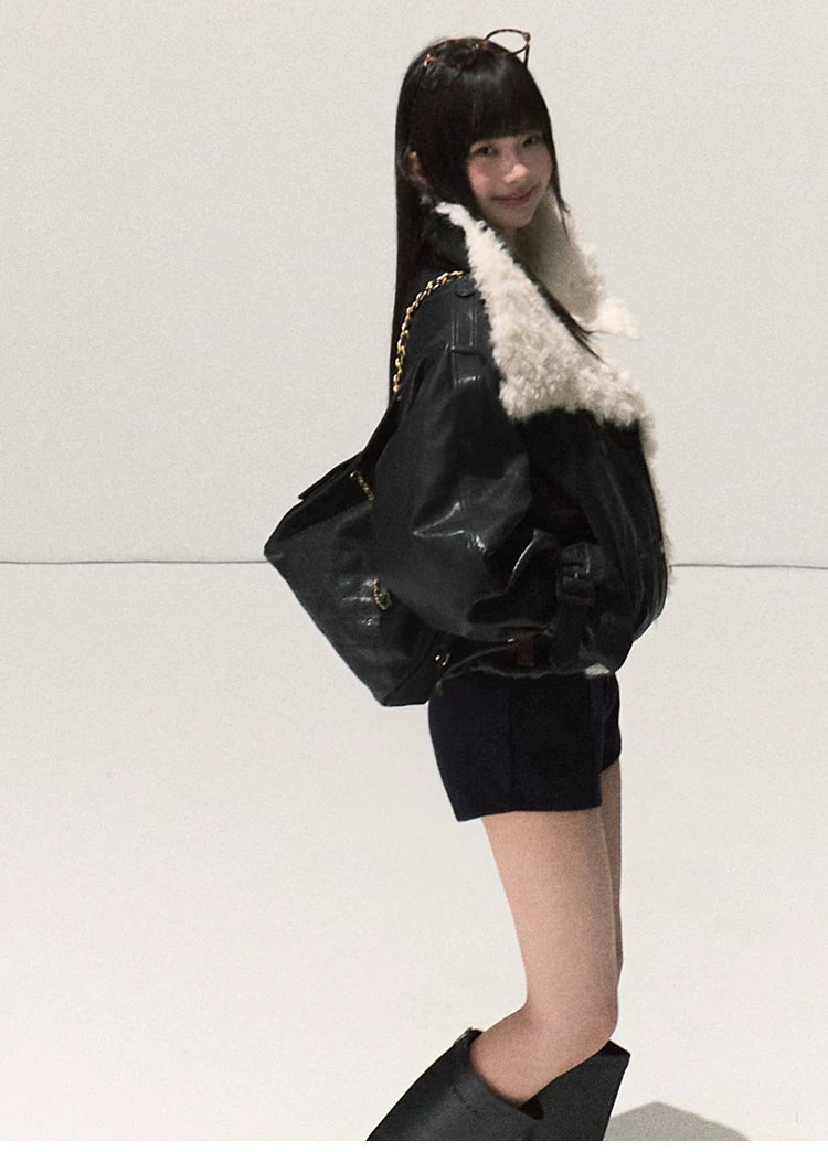 OAKMOO/ Cropped Faux Leather Shearling-Collar Jacket (Rich Black / Hazelnut Khaki)