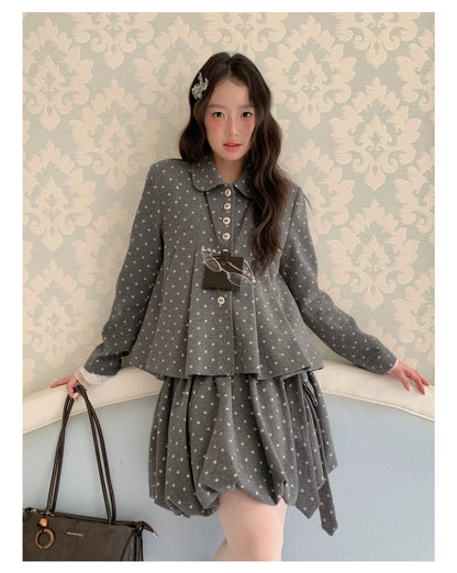 [RF] “Starlit Gray Tones” Gray Vintage Polka Dot Pleated Skirt Two-Piece Set