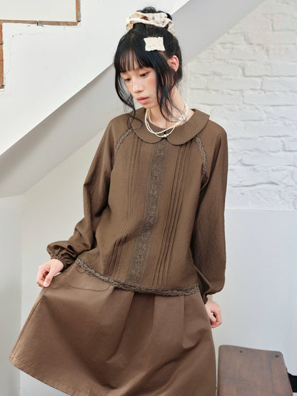 DAILY ARTIST - Tea Brown Vintage Lace Doll-Collar Blouse