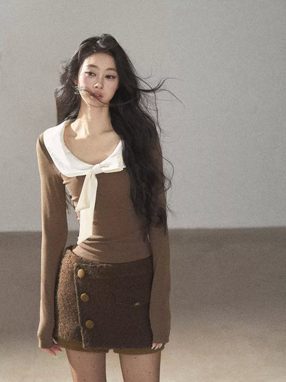 AOMALM - Gray Caramel Cropped Fitted Long Sleeve T-Shirt