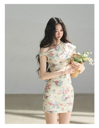 "Flowers & Sunlight" Dutch Cream Off-Shoulder Mesh Bodycon Mini Dress