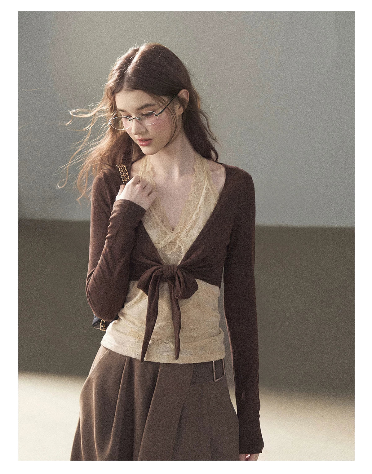 AOMALM - "Tender in This Moment" Rich Cocoa Faux Two-Piece Lace Top