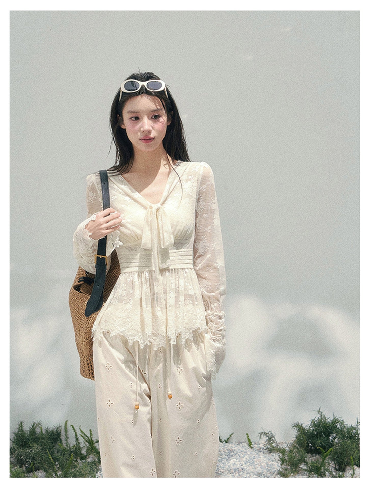少也眼 “Lace’s Fading Dream” Sheer Lace V-Neck Cinched Top 53663788558