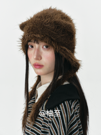 Chocolate Brown Plush Cat Ear Hat – Cozy Ear-Warmer Beanie