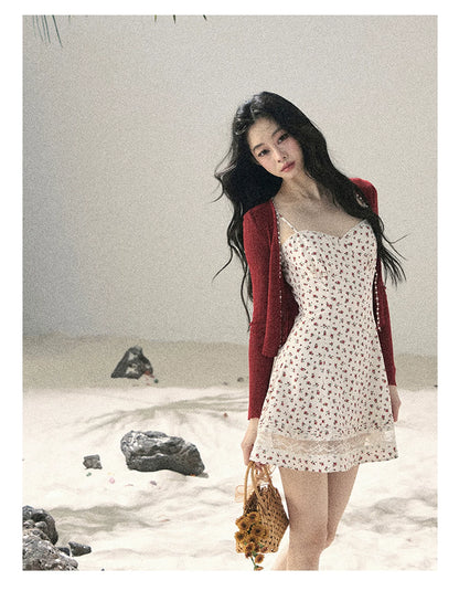 "Blooming Rose Reverie" Cloud White Floral Lace Mini Dress & Burgundy Wine Cardigan 56483