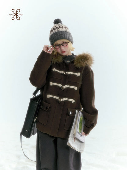 Horridale - Dark Coffee Brown Cropped Hooded Toggle Coat with Detachable Faux Fur Collar