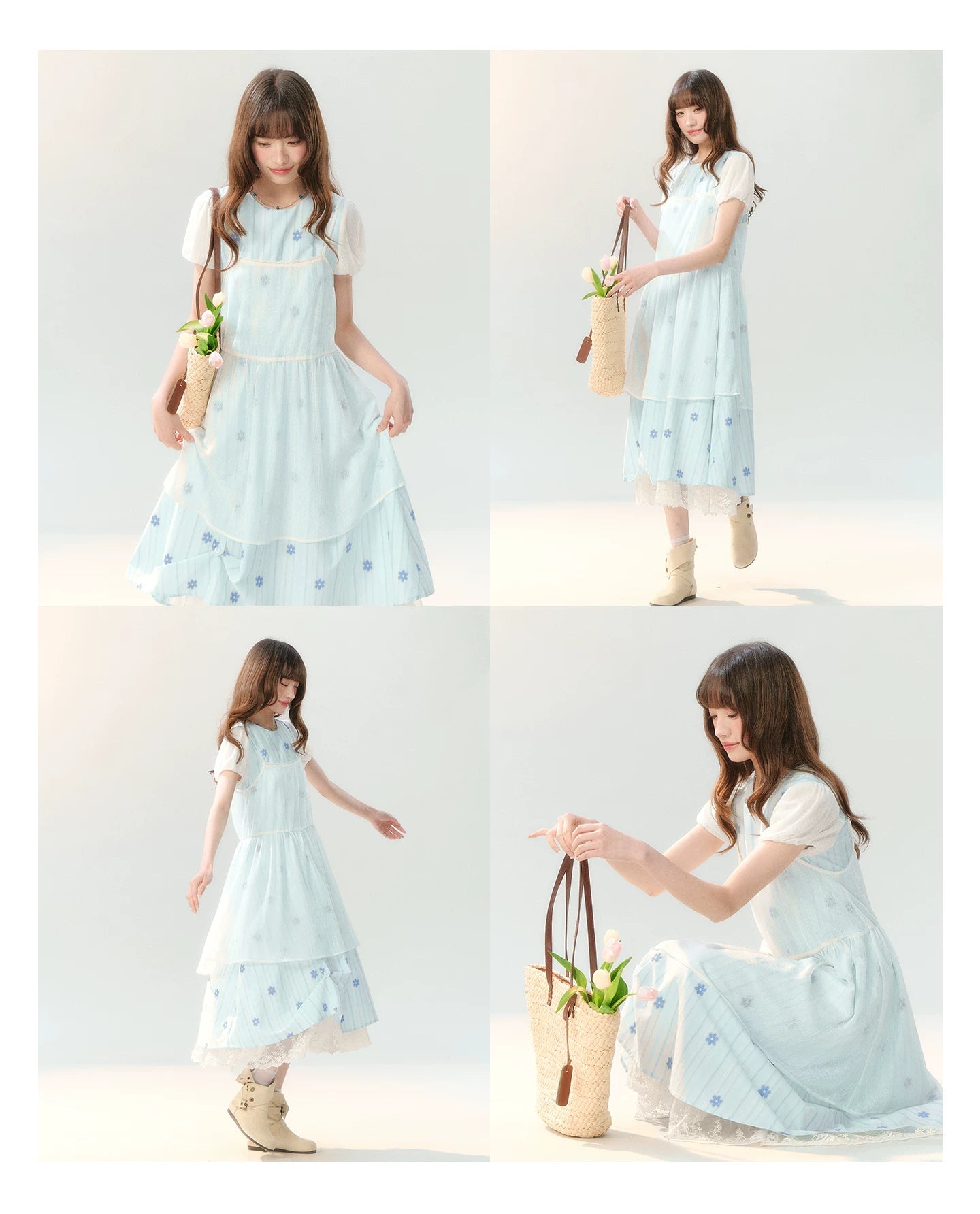 "Soft Bloom Chronicle" Blue Floral Dress & Apricot Cami Set