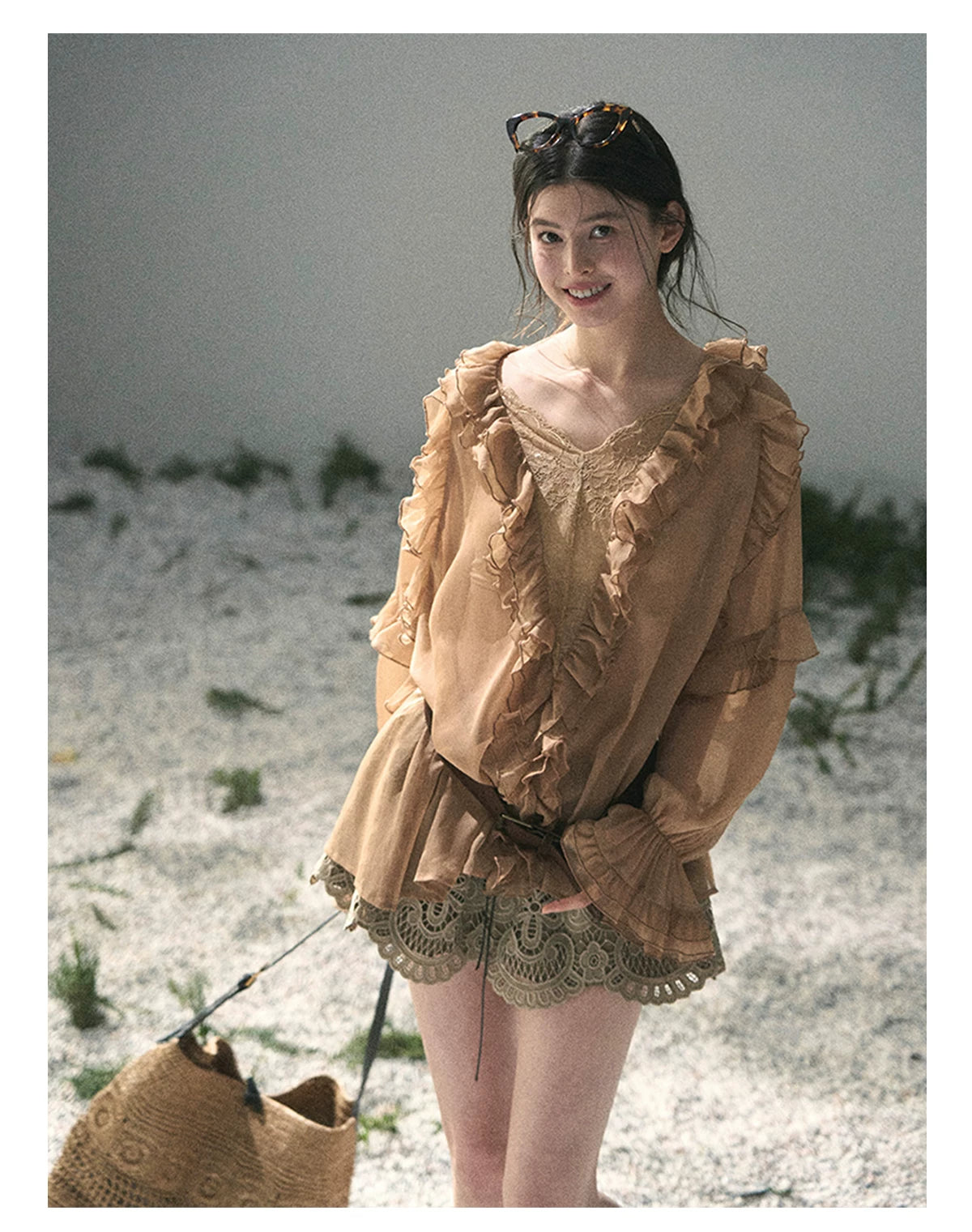 “Whispers of the Wind” Ash Caramel Lace Chiffon Blouse (With Belt)