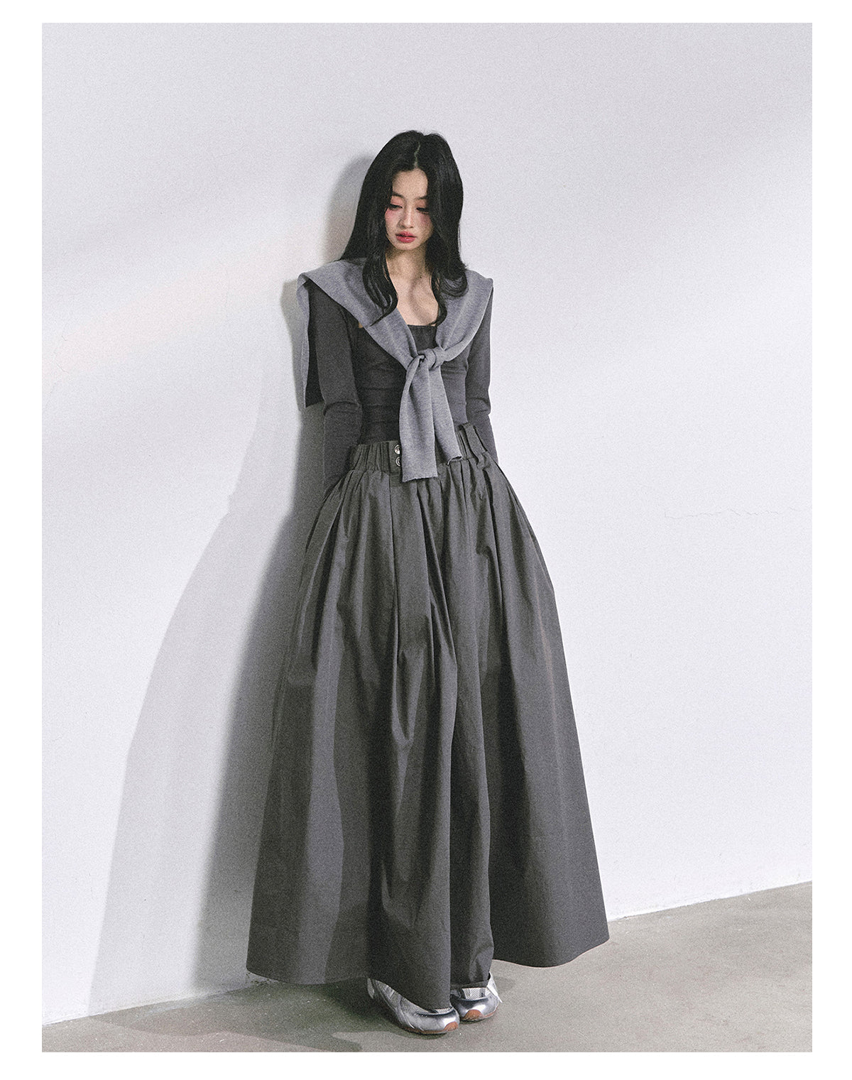 少也眼 "K-Show Muse" Elegant French Hepburn Long-Sleeve Dress - Gray 47867864