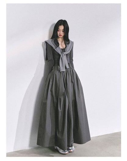 少也眼 "K-Show Muse" Elegant French Hepburn Long-Sleeve Dress - Gray 47867864