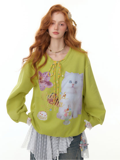 ZiziFei - Sweet Cat Print Sweatshirt – V-Neck with Ribbon & Embellished Bow