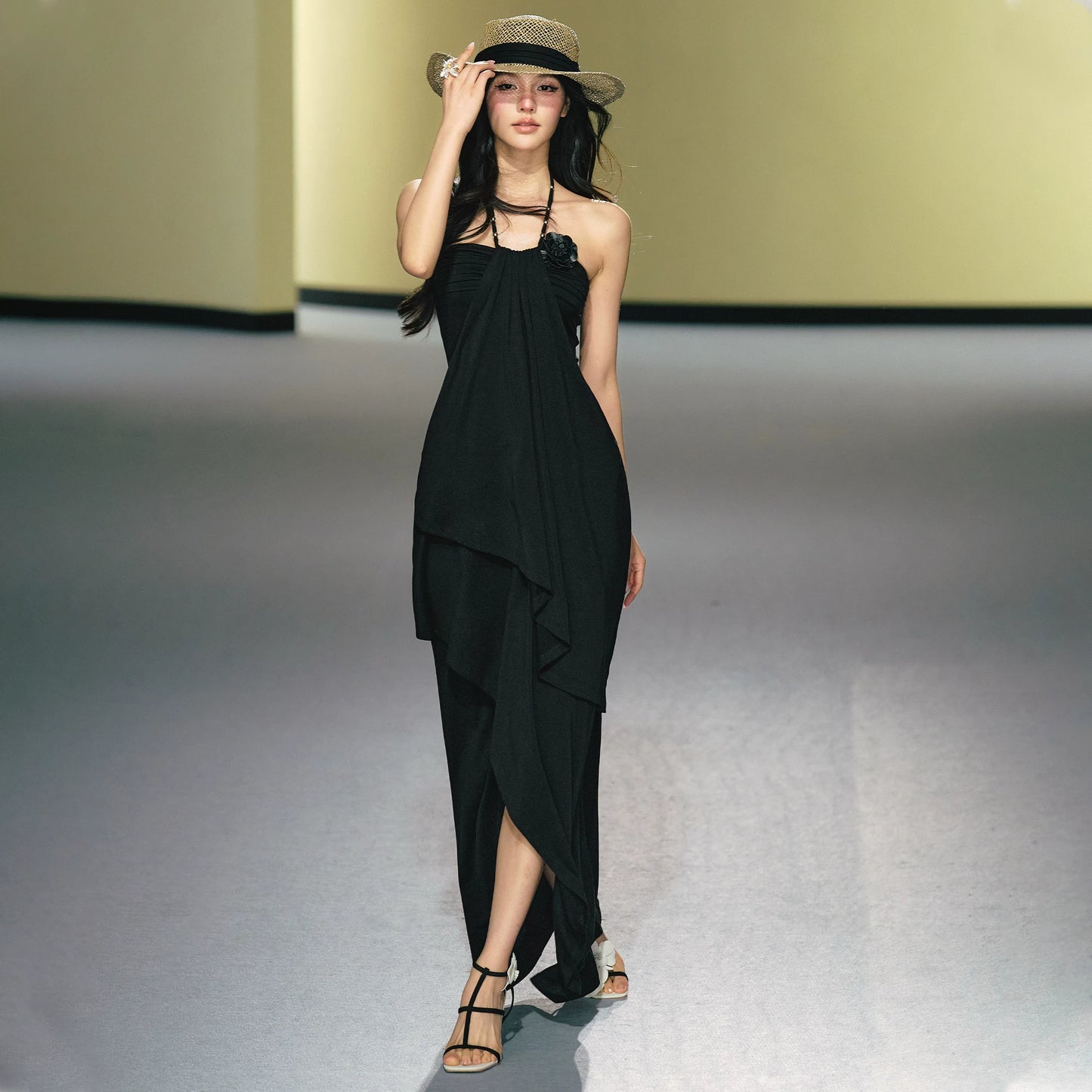 "Moonlit Reverie" Halter Layered Maxi Dress (Black/ Blush Pink)