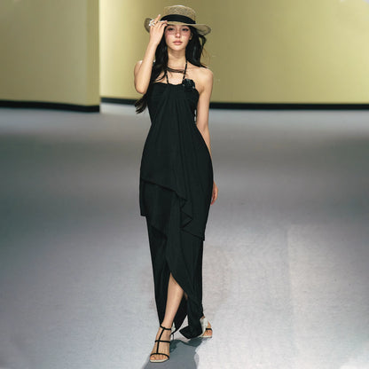 "Moonlit Reverie" Halter Layered Maxi Dress (Black/ Blush Pink)