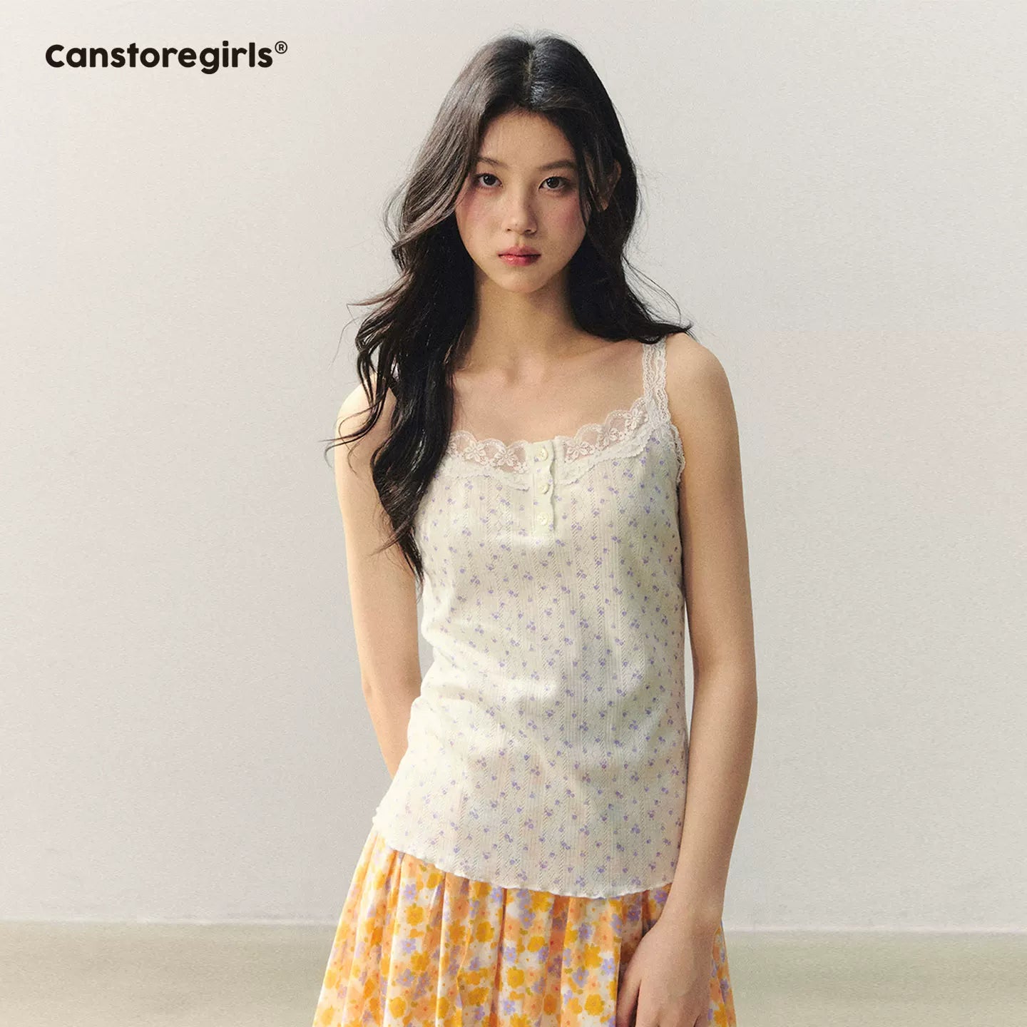 Citrus Bloom Lace Cami & Floral Pleated Skirt Set LL2026039