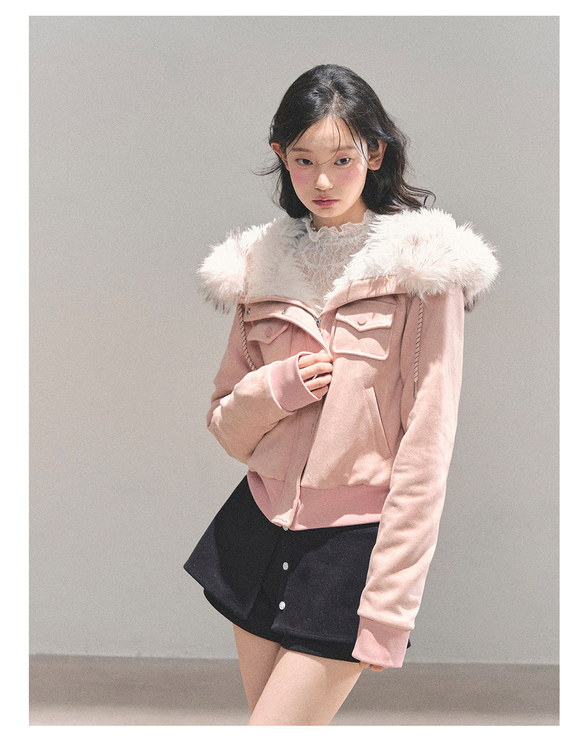 少也眼 “Snowvel Embrace” Hooded Sherpa Jacket - Cinnamon Pink 874351