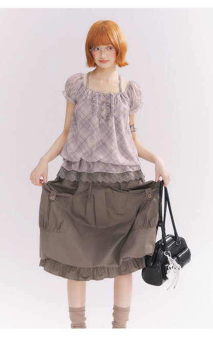 “Sweet & Cool Girl” Taupe Bow Drawstring High-Waist A-Line Cargo Skirt