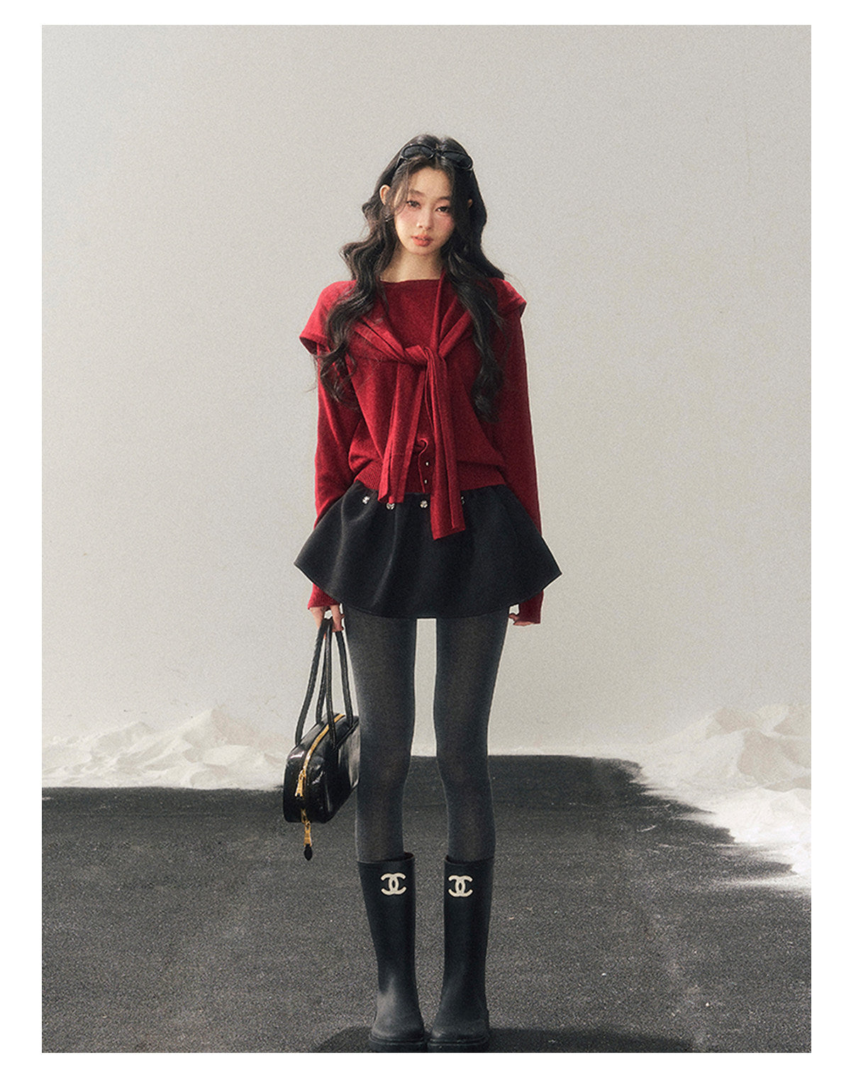 040126 "Orlane Academy" American Preppy Knit Top & Shawl Set - Angora Red
