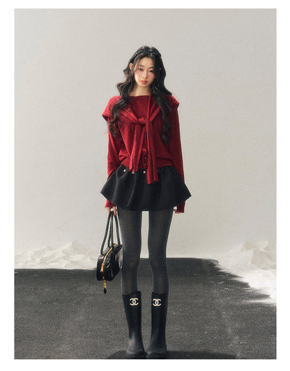 040126 "Orlane Academy" American Preppy Knit Top & Shawl Set - Angora Red