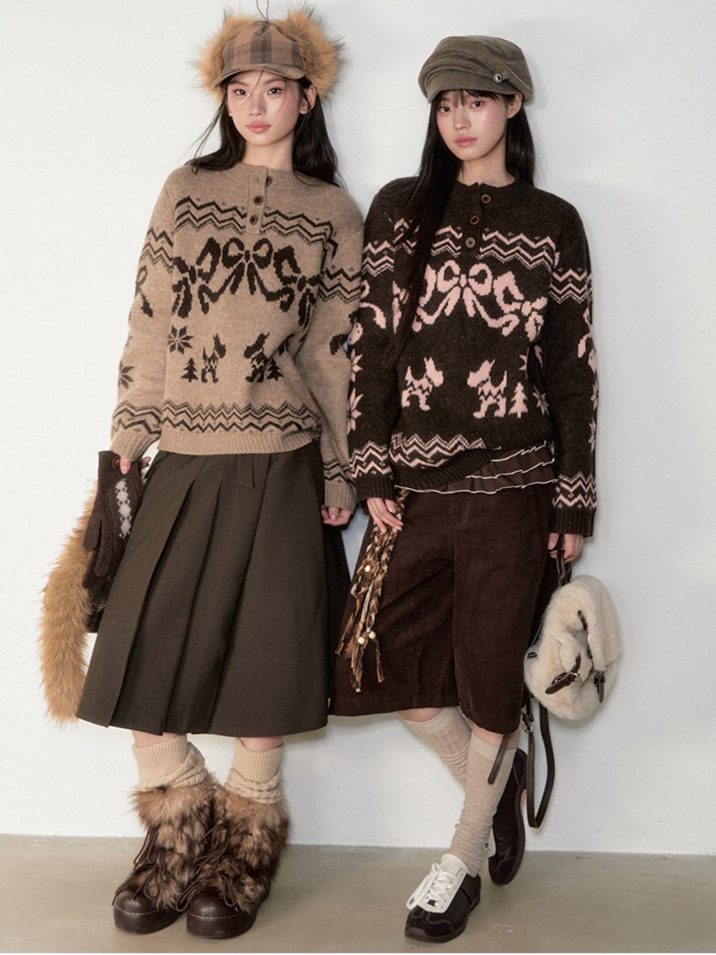 Soote Season - Fair Isle Cinnamon Bow Henley Knit Sweater