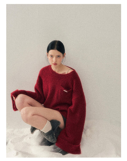 少也眼 “Winter Snow Holds Gentle Warmth” Angora-Blend French Red Knit Sweater