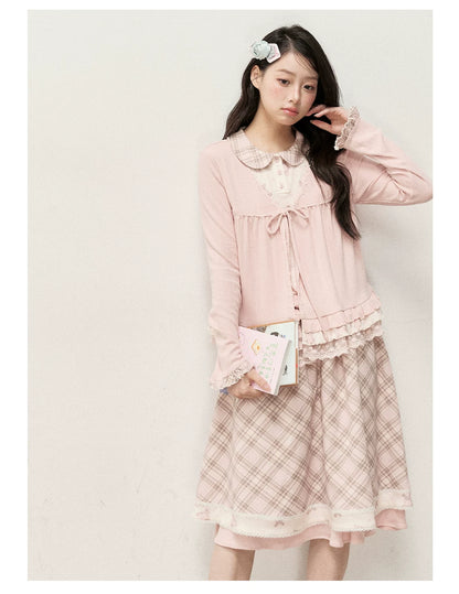 [RF] Vintage-Inspired Gingham Check Two-Piece Set with V-Neck Top and Pleated Skirt