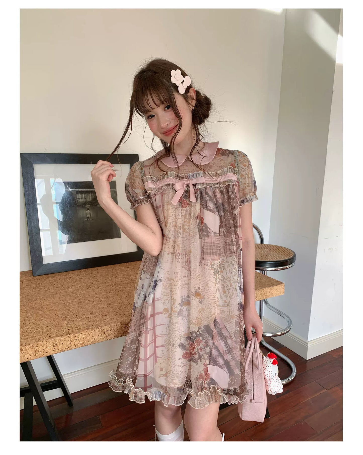 [RF] “Vintage Storybook” Light Brown Tea Patchwork Print Mini Dress