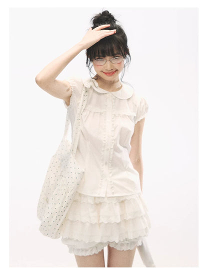 "Lace Soufflé" White Tiered Ruffle Bubble Skort