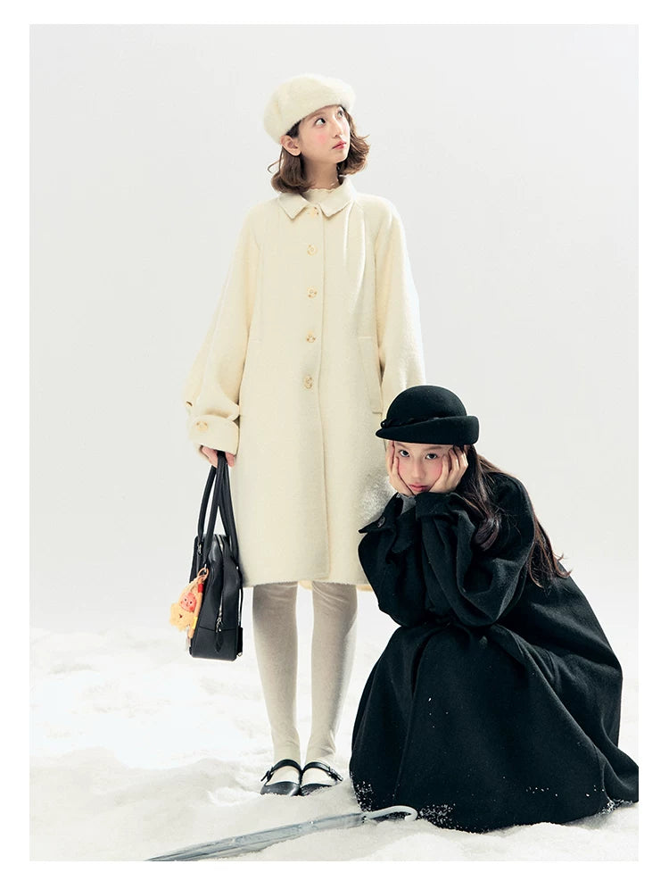 "Black & White Waltz" Hand-Stitched Wool-Blend Swing Coat (Ivory/ Black)