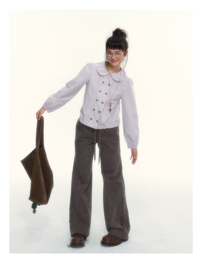 “Academy Melody” Navy Plaid & Dusty Purple Peter Pan Collar Cotton Shirt (Navy Plaid / Dusty Purple)