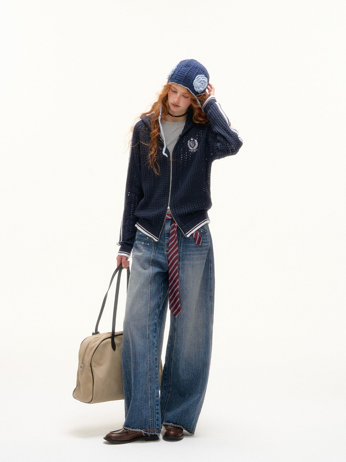 ASGONY - Varsity Crochet Knit Zip-Up Hoodie (Deep Navy)