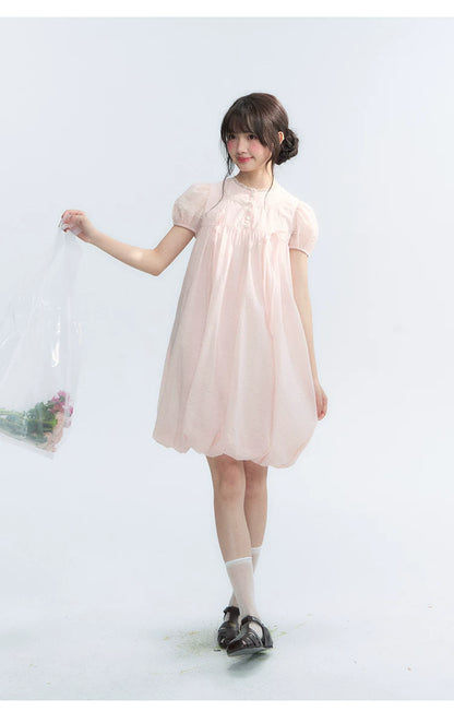 "Little Princess" Strawberry Pink Lace Bow Bubble Hem Midi Dress