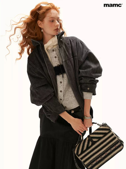 MAMC - Gray Faux-Horsehair Textured Cropped Jacket with Metal Snap Collar